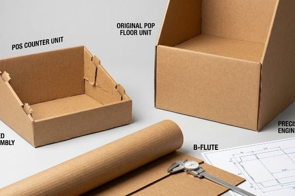B-flute cardboard, a Pos Counter Unit, Original Pop Floor Unit, caliper, and dieline blueprint for precise engineering.