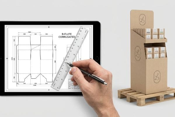 Digital B-Flute Corrugated dieline on a tablet, measured by hand, next to a brown cardboard display prototype on a wooden pallet.