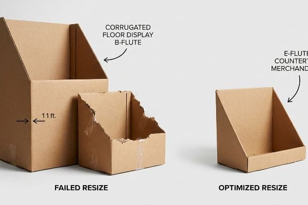 Corrugated B-flute floor display (11 ft. wide) and a damaged failed resize, contrasted with a clean E-flute countertop merchandiser, showing optimized scaling.