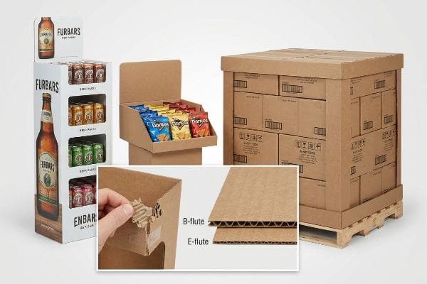 Corrugated cardboard displays: Furbars floor unit, Doritos countertop, pallet structure, and B-flute, E-flute examples.