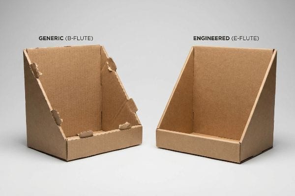 Brown corrugated cardboard display units, comparing a Generic (B-Flute) with visible tabs to an Engineered (E-Flute) countertop display.