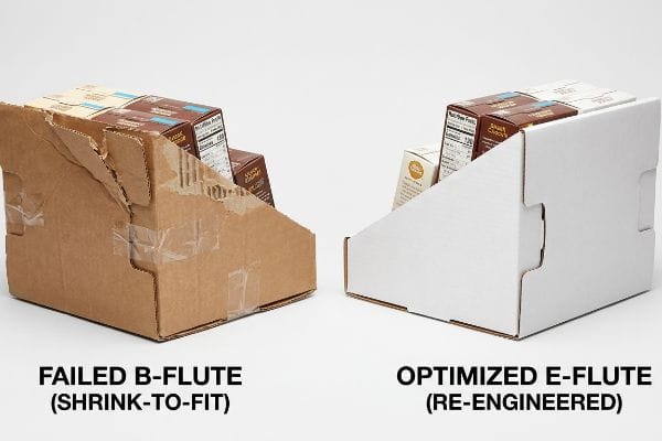 Failed B-Flute shrink-to-fit PDQ display with tearing and tape versus an optimized E-Flute re-engineered corrugated merchandiser.