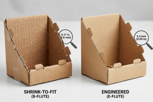 Two brown corrugated cardboard point-of-sale display units, comparing Shrink-to-Fit B-Flute (0.11 in / 2.8 mm) with Engineered E-Flute (2.4 mm / 0.09 in) for structural integrity.