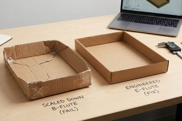 Cracked Scaled Down B-Flute (Fail) cardboard tray next to a pristine Engineered E-Flute (Fix) tray on a wooden desk.