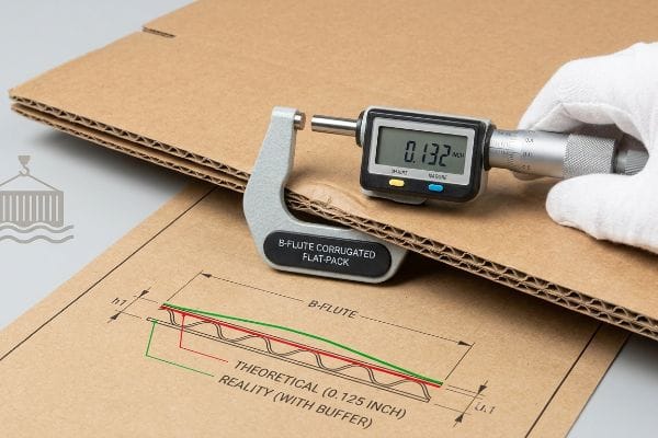 B-flute corrugated flat-pack thickness is precisely measured at 0.132 mm with a digital micrometer, contrasting theoretical 0.125 inch with reality (with buffer).