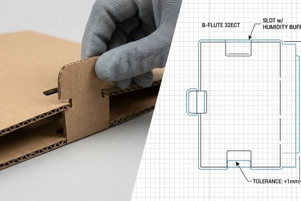Corrugated Humidity Buffer Slot Corrugated B-Flute 32ECT cardboard assembly with a gloved hand, alongside a technical drawing detailing a Slot With Humidity Buffer and +1mm Tolerance.