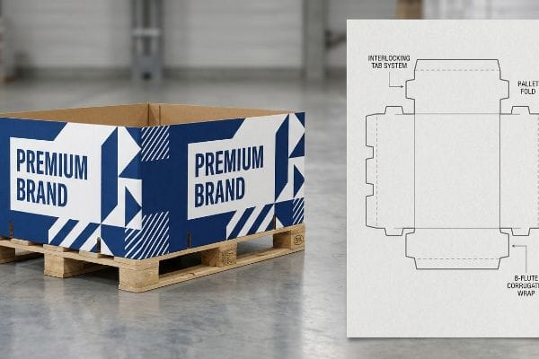 B-flute corrugated pallet skirt for Premium Brand on a wooden pallet, with its technical dieline showing an Interlocking Tab System.
