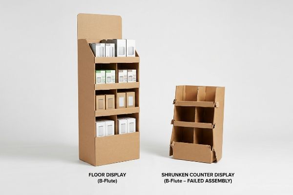 A B-Flute Floor Display with products stands beside a Shrunken Counter Display (B-Flute - Failed Assembly), demonstrating structural collapse.