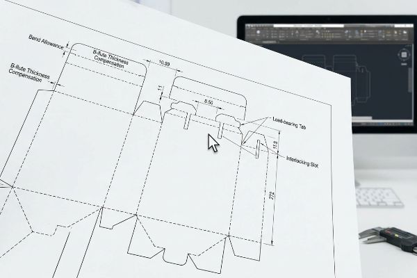 Packaging dieline showing Bend Allowance, B-Flute Thickness Compensation, Load-bearing Tab, and Interlocking Slot details.