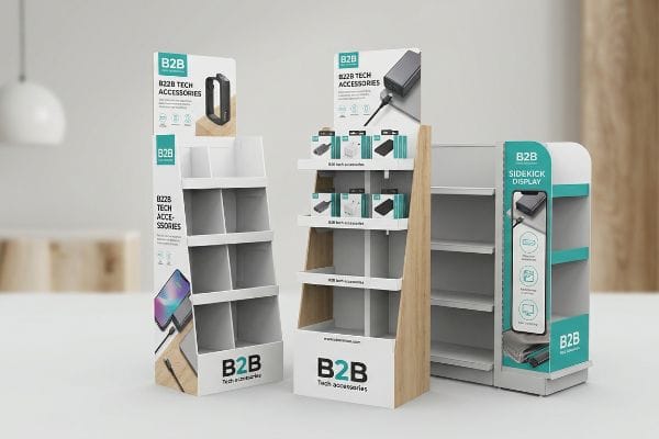 Three B2B Tech Accessories POS displays: a white cardboard floor stand, a wood-accented floor stand with products, and a teal sidekick display.
