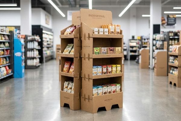 A supermarket aisle features a multi-tiered natural brown cardboard display stand filled with various Backforsthel packaged food products.