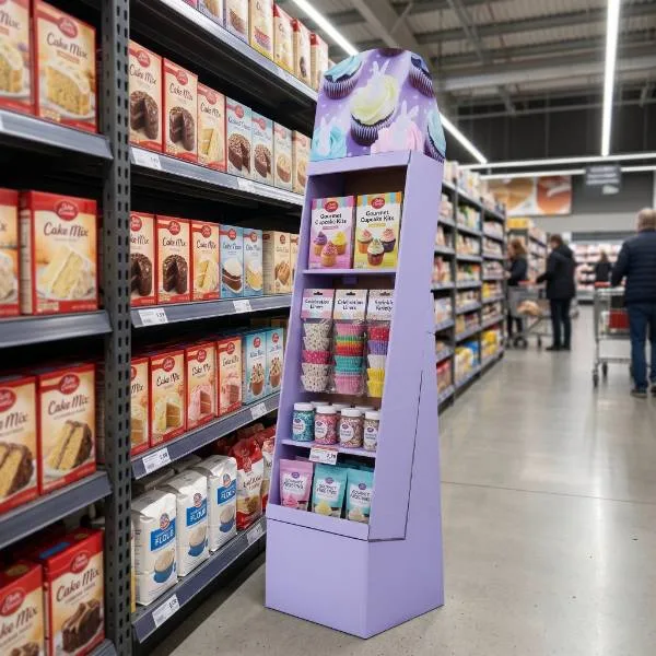 corredor de produtos de panificação, expositor de papelão ondulado