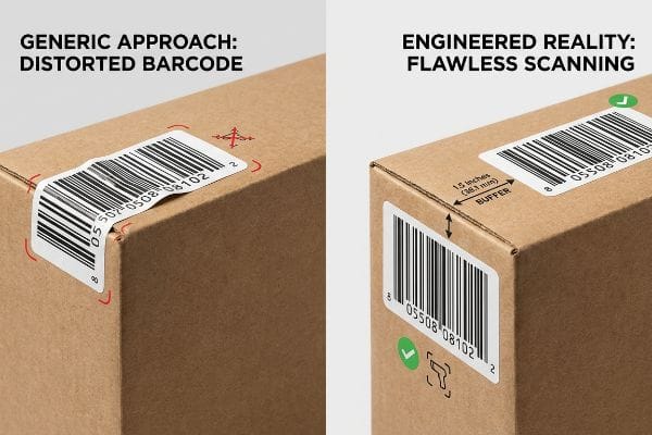 Corrugated boxes compare barcode placement: a Distorted Barcode on a fold versus a Flawless Scanning barcode with 1.5-inch (38.1 mm) buffer.