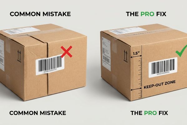 Brown corrugated cardboard boxes illustrate a Common Mistake with a UCC-128 barcode on a structural fold (red X) versus The Pro Fix showing a 1.5-inch Keep-Out Zone for flat barcode scanning (green check).