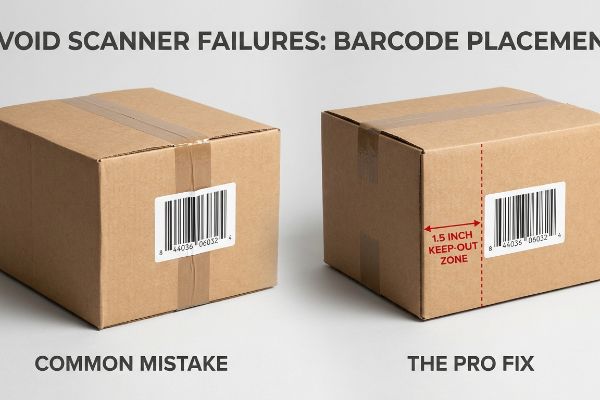 Two brown corrugated cardboard boxes demonstrate barcode placement to Avoid Scanner Failures. One shows a Common Mistake, the other The Pro Fix with a 1.5 Inch Keep-Out Zone.
