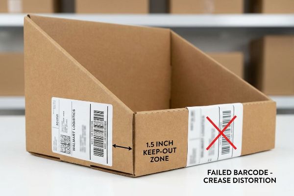 Corrugated Walmart Logistics display tray with a 1.5 Inch Keep-Out Zone for a scannable barcode, highlighting a Failed Barcode due to Crease Distortion.