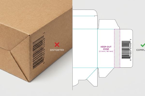 Brown corrugated box with a distorted barcode (8 51053 57445 3) at the fold, contrasted with a compliant dieline showing a 1.5-inch Keep-Out Zone.