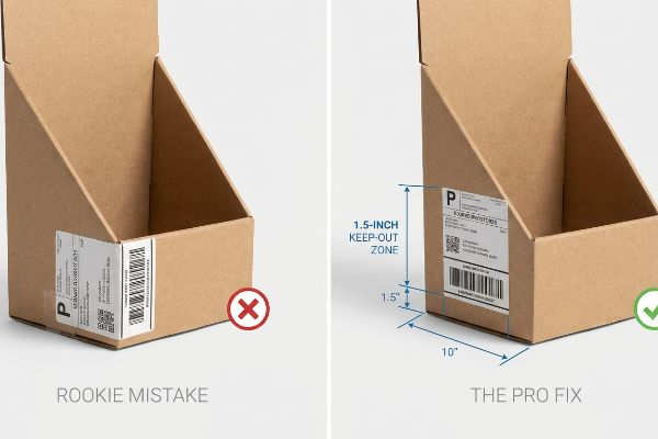 A brown corrugated cardboard PDQ box shows a shipping label incorrectly wrapped around a bottom fold line, marked as a Rookie Mistake.