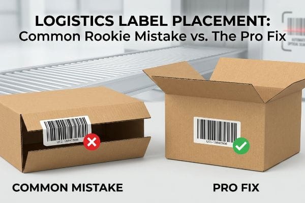 Corrugated cardboard boxes demonstrating Logistics Label Placement. A Common Mistake shows a barcode label on a fold line with a red X. The Pro Fix displays the label on a flat panel with a green check.