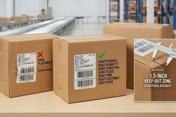 Brown corrugated boxes show correct and poor UCC-128 barcode placement, emphasizing a 1.5-inch structural keep-out zone.