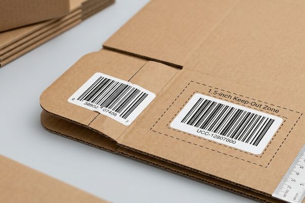 Corrugated cardboard master carton with a UCC-12807000 barcode inside a 1.5-inch Keep-Out Zone, preventing wrap hazard.
