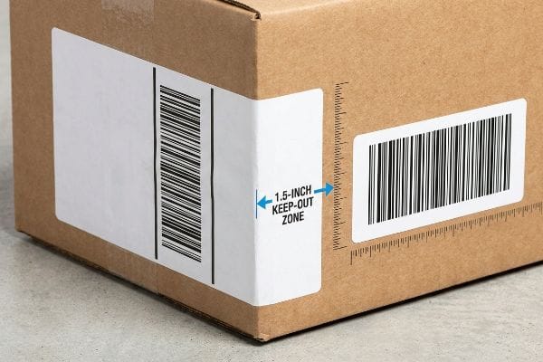 Brown corrugated cardboard box corner showing a 1.5-Inch Keep-Out Zone between a barcode label wrapping the edge and another on the side panel.