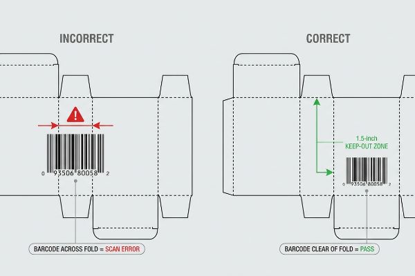 A technical diagram shows incorrect barcode placement across a carton fold line, causing a scan error, versus correct placement with a 1.5-inch keep-out zone ensuring a pass.