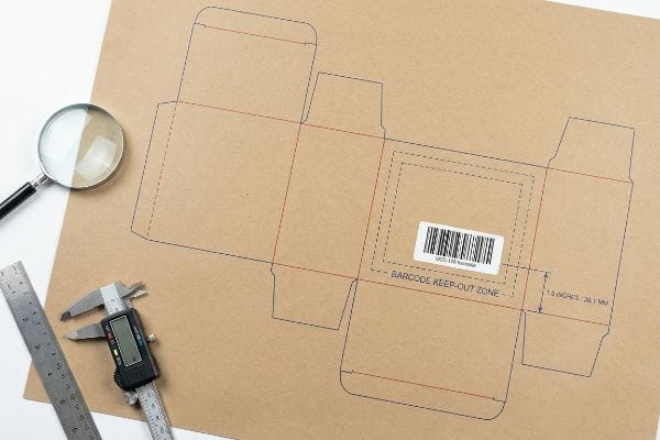 Brown corrugated die-line shows a UCC-128 barcode within a Barcode Keep-Out Zone, measured at 1.5 Inches / 38.1 MM, with a digital caliper and magnifying glass.