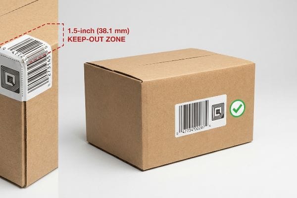 Brauner Karton mit korrekt platziertem Barcode und RFID-Etikett auf einer flachen Seite sowie einem Ecketikett mit folgendem Hinweis: