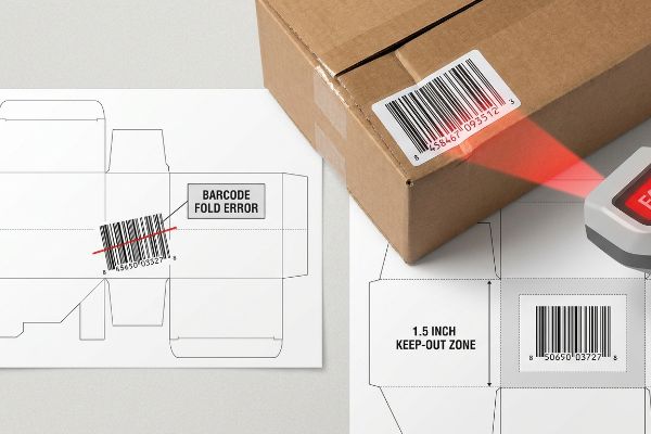 A barcode scanner reads a package, illustrating correct barcode placement versus a Barcode Fold Error on a dieline with a 1.5 Inch Keep-Out Zone.