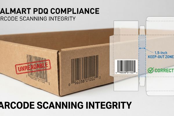 Brown corrugated box for Walmart PDQ Compliance, highlighting unreadable barcode and a diagram for Barcode Scanning Integrity with a 1.5-inch Keep-Out Zone.