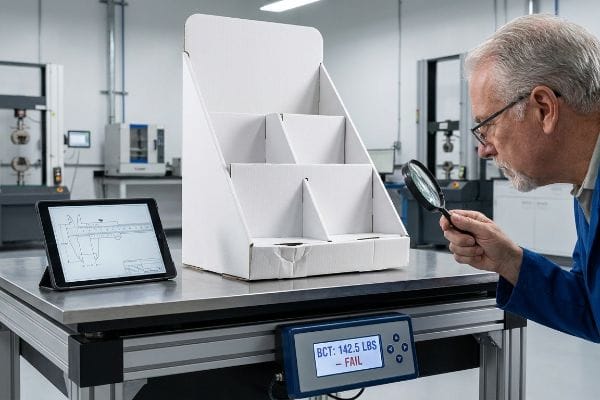 A senior quality control engineer examines a white corrugated cardboard display prototype with a magnifying glass, next to a tablet showing a design blueprint, while a BCT device displays 'BCT: 142.5 LBS - Fail', signifying structural compression failure.
