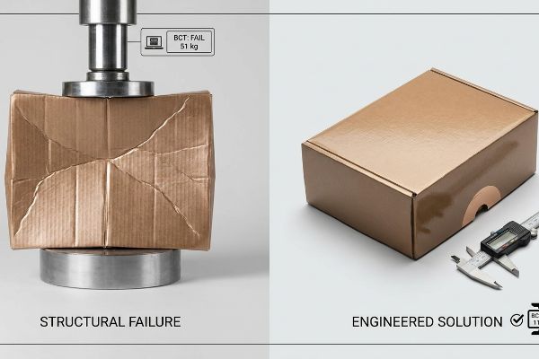 Crushed corrugated cardboard box under a hydraulic press showing