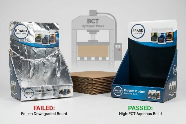 A crumpled Foil On Downgraded Board countertop display failed BCT test, beside a pristine High-ECT Aqueous Build display, with a hydraulic press.