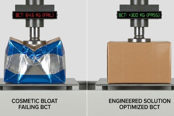 A crushed blue and silver box fails BCT at 64.6 kg, contrasting with an intact brown box passing BCT at over 300 kg, highlighting cosmetic bloat vs. engineered solution.