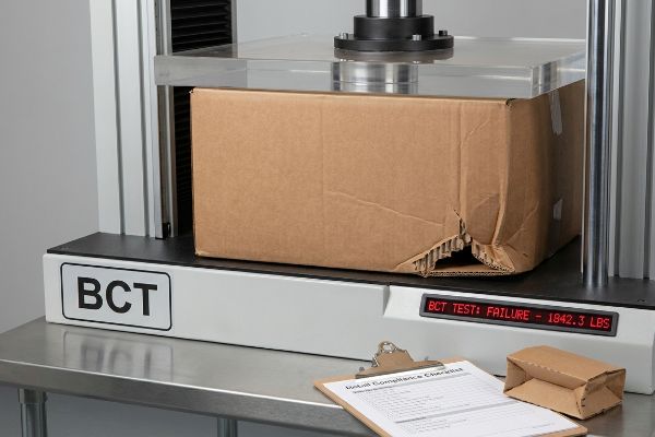 Corrugated cardboard box with buckled sidewall failing a BCT machine compression test at 1842.3 LBS, displaying 'BCT Test: Failure'.
