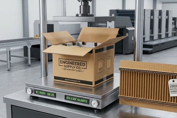 اختبار ضغط الصندوق صندوق مموج بني اللون من شركة Engineered Supply Co. على آلة BCT، يظهر عليه "تم اجتياز BCT - 550 رطلاً" و "تم التحقق من صحة ISTA 6 SIOC"، مع إدراج تفويض المواد الخام.