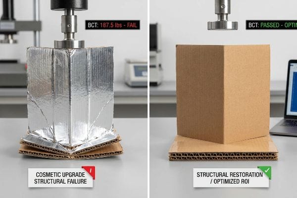 Silver foil-wrapped corrugated box with Cosmetic Upgrade Structural Failure at 187.5 lbs BCT, contrasted with a plain brown box showing Structural Restoration / Optimized ROI.