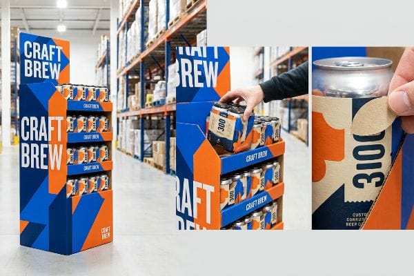 Geometric blue and orange cardboard display for Craft Brew beer cans, featuring a hand peeling a sleeve with '300' text, demonstrating tactile conversion.