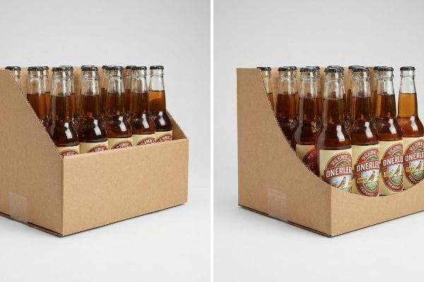 Micro-flute corrugated PDQ trays display Hernie's Onerler Beer bottles, featuring a die-cut swoop front lip for 85% label visibility.