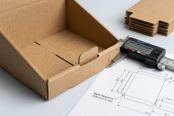 Brown corrugated cardboard box, digital caliper displaying 1.900, and a structural blueprint detailing 0.05 inch (1.5 mm) Bend Allowance for precise fold tolerance.