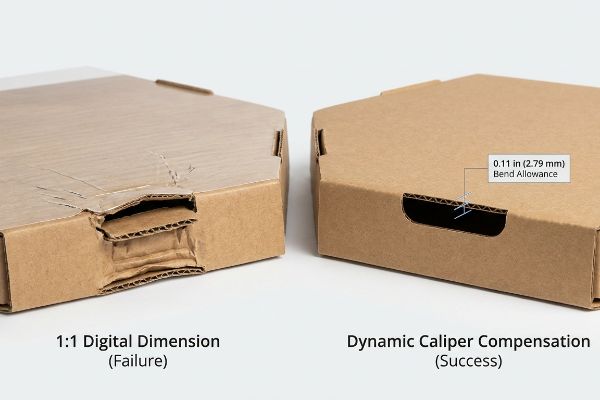 Corrugated cardboard boxes demonstrate 1:1 Digital Dimension (Failure) vs. Dynamic Caliper Compensation (Success) with 0.11 in (2.79 mm) bend allowance.