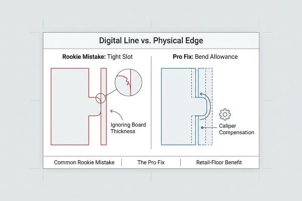 Diagram: Digital Line vs. Physical Edge. Rookie mistake: tight slot, ignoring board thickness. Pro fix: bend allowance, caliper compensation.