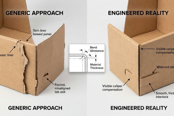 Corrugated cardboard box assembly comparison showing a Generic Approach with a torn liner and misaligned tab slot versus an Engineered Reality with visible caliper compensation, widened slot, and smooth interlock, alongside a bend allowance diagram.