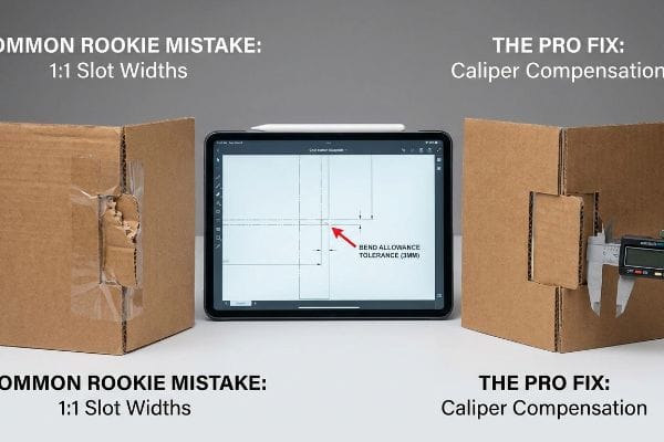 Corrugated boxes comparing 1:1 Slot Widths mistake to Caliper Compensation fix, showing Bend Allowance (3MM).