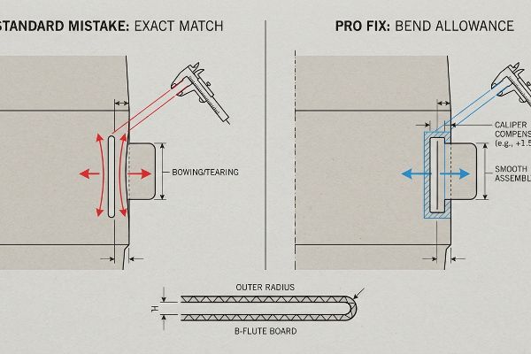 Diagram comparing packaging assembly. Exact Match causes bowing/tearing. Bend Allowance with caliper compensation ensures smooth B-flute board assembly.