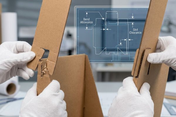 Hands in gloves assembling corrugated cardboard, revealing torn paperboard from incorrect Slot Clearance, overlaid with a Bend Allowance blueprint.