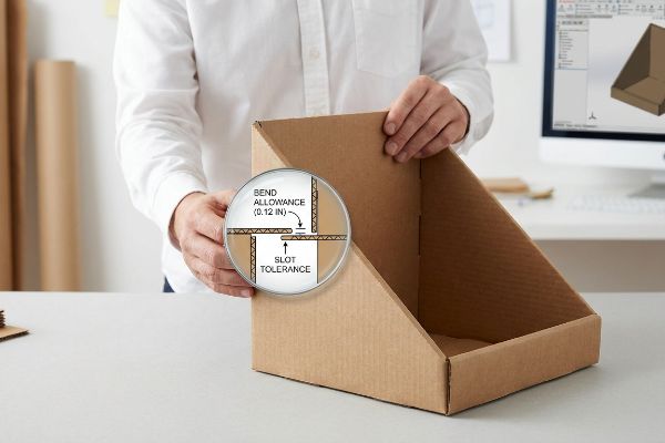 Corrugated cardboard retail display box assembly, with a diagram detailing Bend Allowance (0.12 In) and Slot Tolerance.