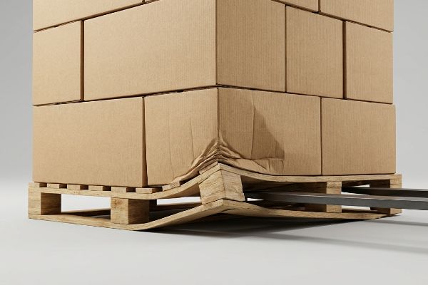 A damaged wooden pallet with crumpled cardboard boxes, bent by a forklift tine, illustrating structural failure from overhang.