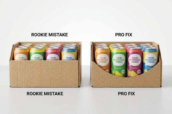 Corrugated counter display comparison: Rookie Mistake with high lip obscuring beverage cans vs. Pro Fix with die-cut swoop for optimal product visibility.